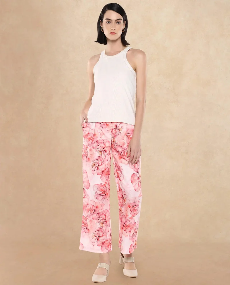 Rareism Women's Straight Fit Ankle-Length Floral Print Trousers