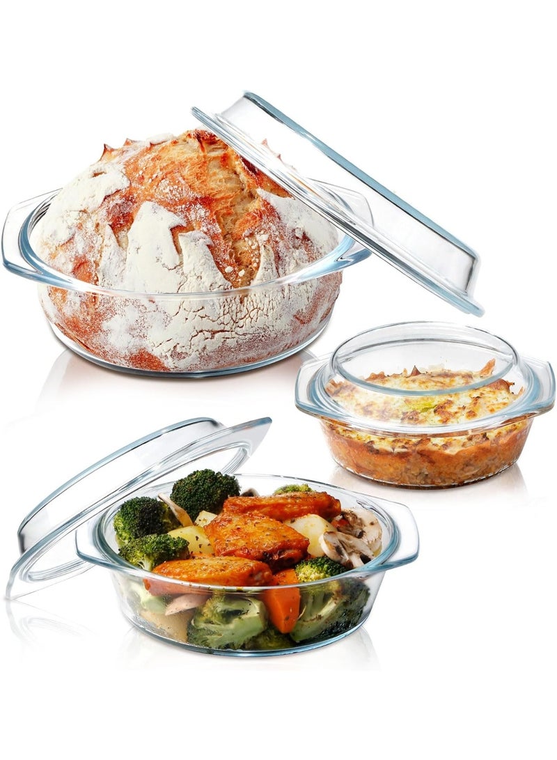 Clear Round Glass Casserole Dish With Lid Lidded Casseroles Bakeware Lid, Bowl (Set Of 3-0.65L+1L+1.4L) - Image 1