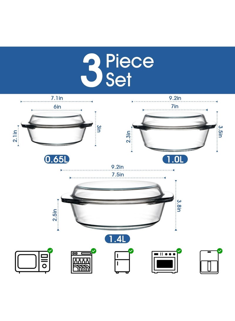 Clear Round Glass Casserole Dish With Lid Lidded Casseroles Bakeware Lid, Bowl (Set Of 3-0.65L+1L+1.4L) - Image 2