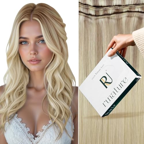RUNATURE Weft Human Hair Extensions Balayage Blonde Straight Weft Hair Extensions Ombre Ash Blonde Fading to Light Blonde with Platinum Blonde Sew in Hair Weft Extensions Soft Hairpiece 16 Inch 100g - Image 1