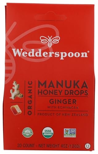 Wedderspoon Organic Manuka Honey Drops Ginger  Echinacea 20 Count Pack of 1  Genuine New Zealand Honey  Perfect Remedy For Dry Throats - Image 1
