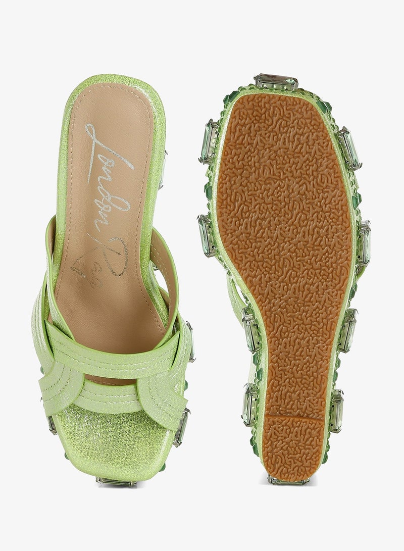 London Rag Chunky Diamante & Rhinestone Cut-Out Sandals in Lime Green - Image 5