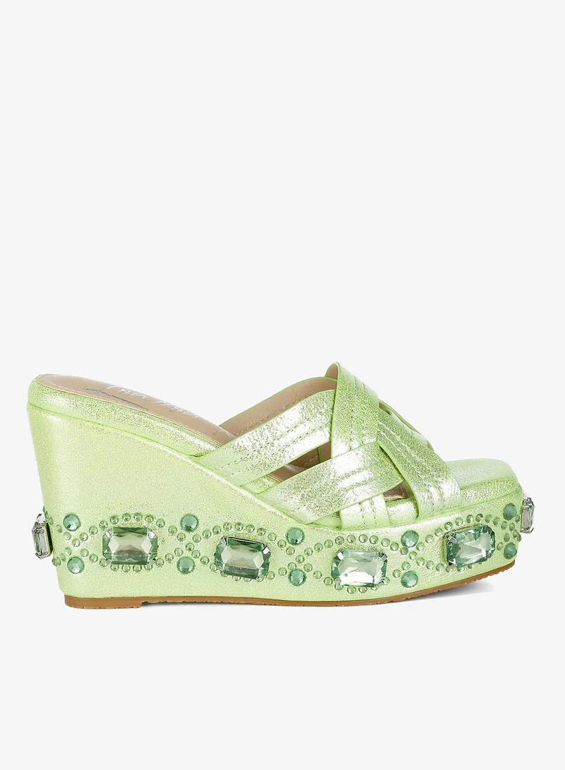 Chunky Diamante & Rhinestone Cut-Out Sandals in Lime Green