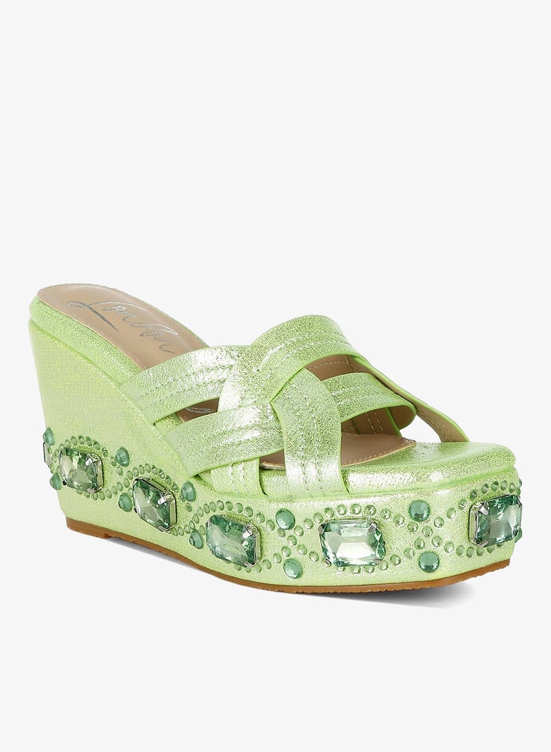 London Rag Chunky Diamante & Rhinestone Cut-Out Sandals in Lime Green - Image 3