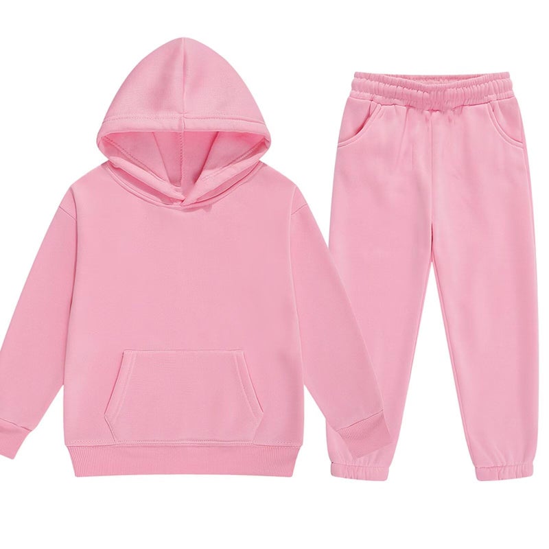 DHSPKN Girls Boys 2 Piece Tracksuit Athletic Sweatsuits Sets Hooded Sweatshirt and Jogger Sweatpants Clothing Sets for Kids Pink 150 - Image 1