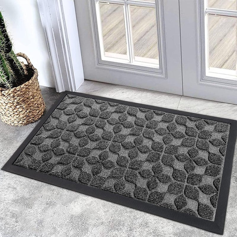 Bulijojo Sturdy Front Entrance Doormats,Durable Heavy Duty Welcome Mat,Thick Absorbent Natural Rubber Non Slip Mat,Easy Clean Entryway Mat 17"x30" Geometric Grey - Image 1