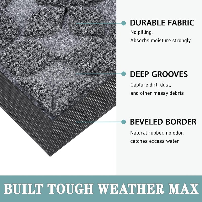 Bulijojo Sturdy Front Entrance Doormats,Durable Heavy Duty Welcome Mat,Thick Absorbent Natural Rubber Non Slip Mat,Easy Clean Entryway Mat 17"x30" Geometric Grey - Image 3