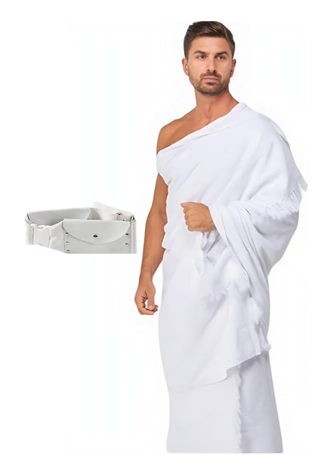 Risen Ihram For Men Hajj Umrah Wearing Mixed Cotton Towel Clothing Set With Ihrams Belt - Ihram 2 Pcs Towels (Top, Bottom) New Dry Fast Microfiber with Belt  - Image 1