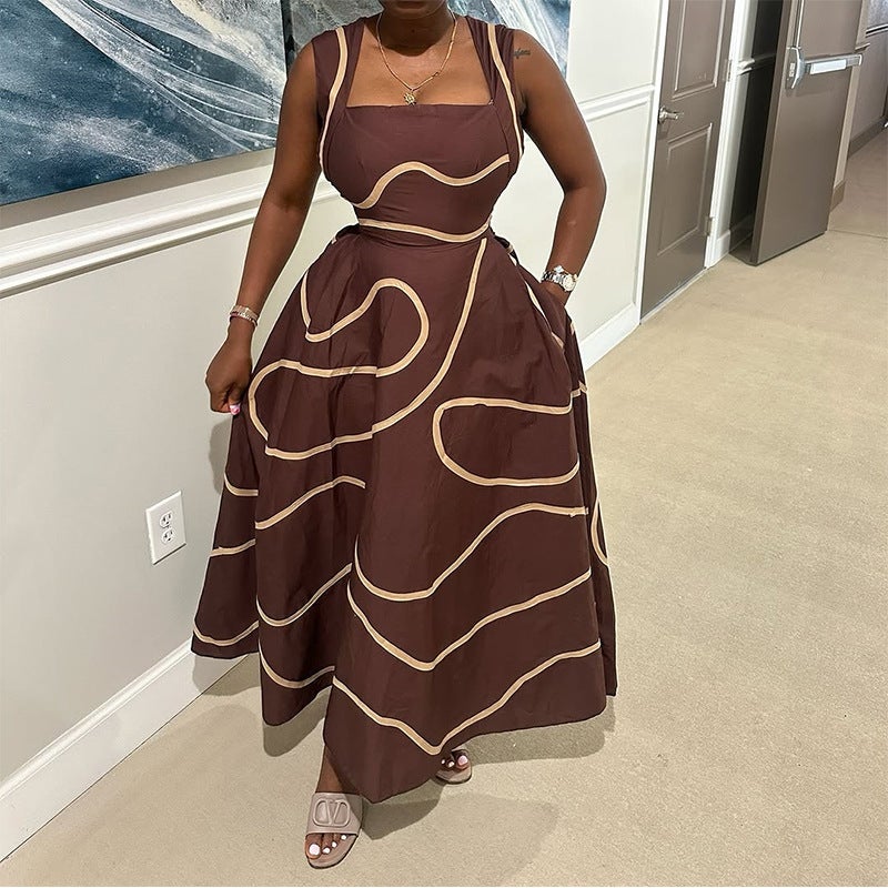 Women'S Clothing 2025 Fashion Square Collar Printed Waist Slimming Long Sling Dress - Image 3