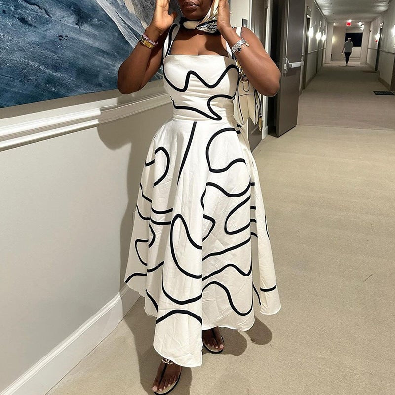 Women'S Clothing 2025 Fashion Square Collar Printed Waist Slimming Long Sling Dress - Image 2