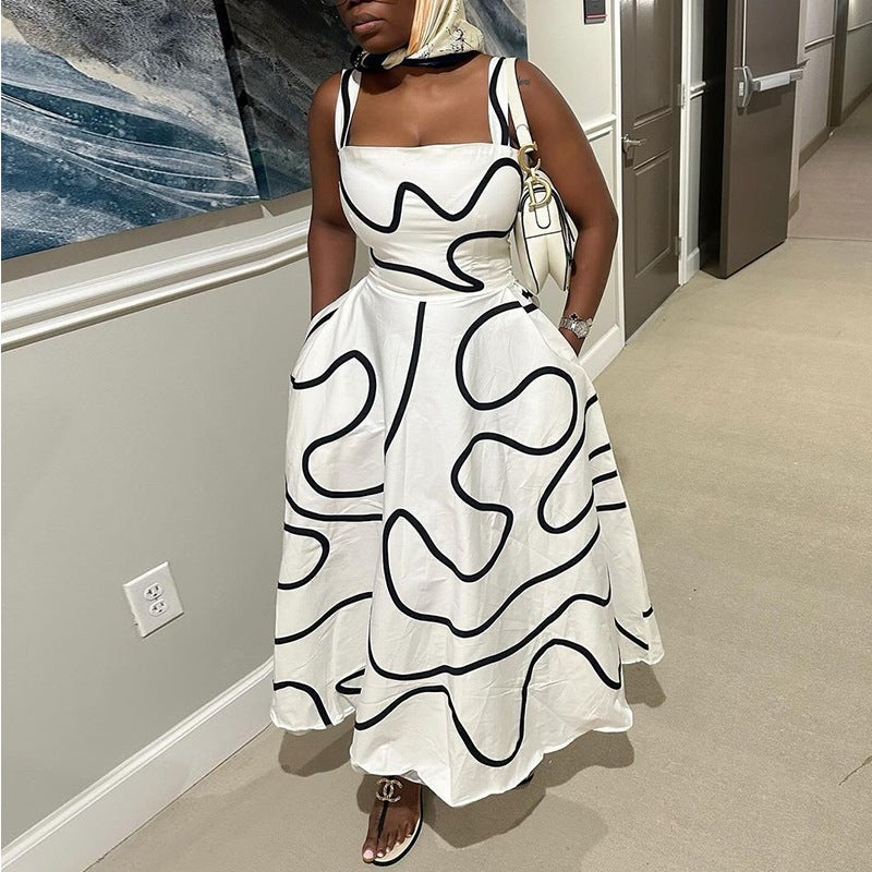 Women'S Clothing 2025 Fashion Square Collar Printed Waist Slimming Long Sling Dress - Image 1
