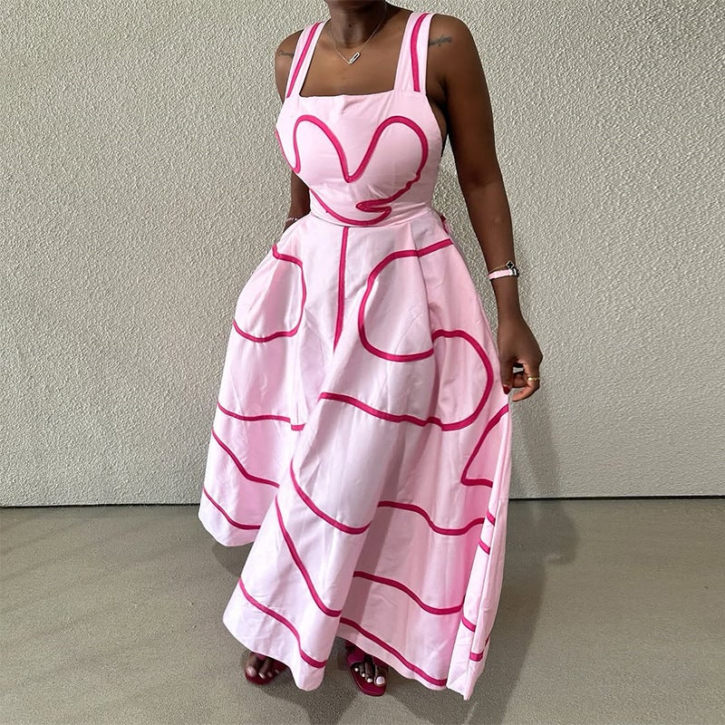 Women'S Clothing 2025 Fashion Square Collar Printed Waist Slimming Long Sling Dress - Image 4