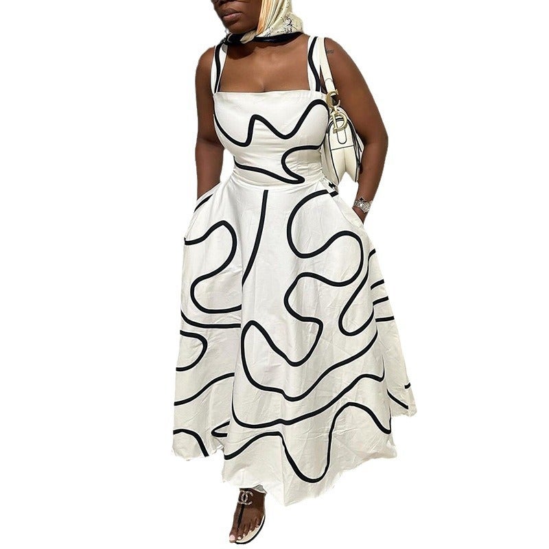 Women'S Clothing 2025 Fashion Square Collar Printed Waist Slimming Long Sling Dress - Image 5