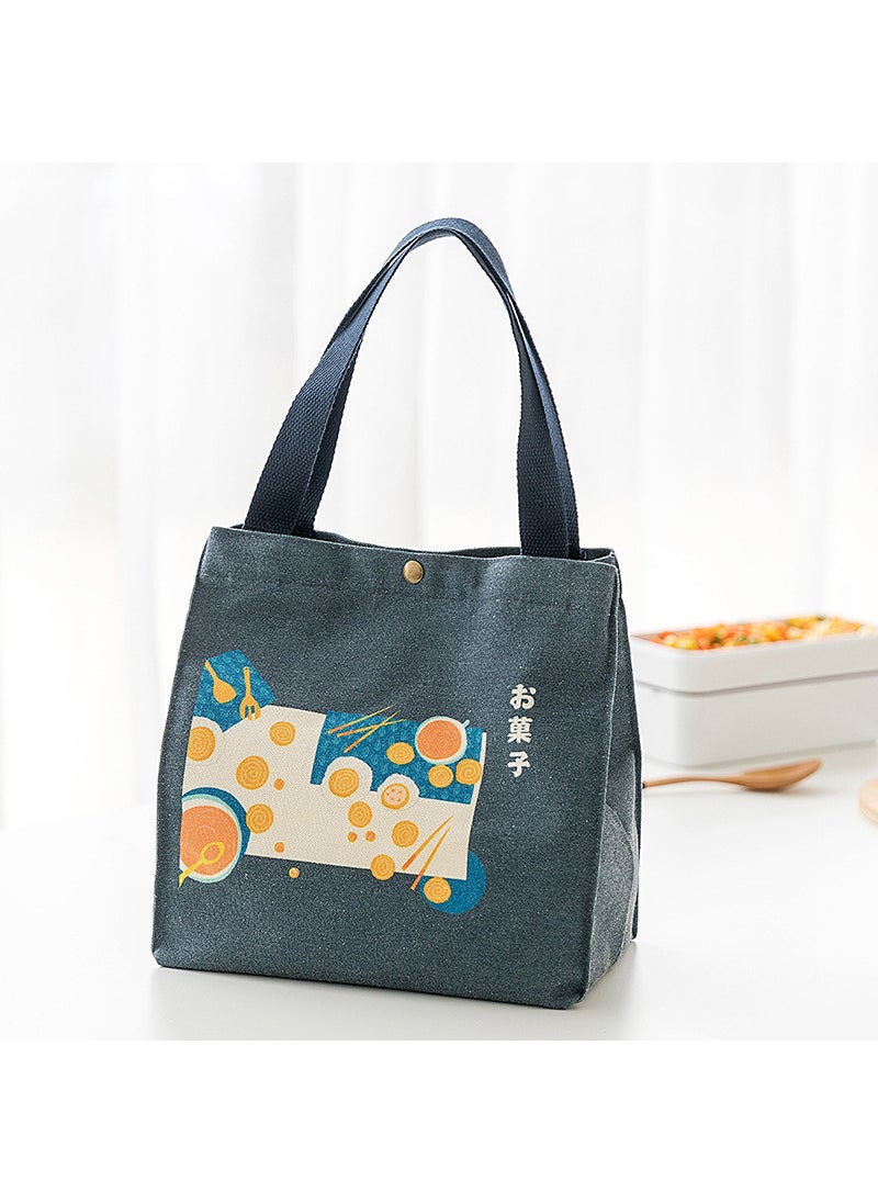 Generic Convenient Portable Canvas Bento Box Bag Thickened Insulated Lunch Japanese Style Wind Handheld Bento Box Bag Buttons-navy blue square 