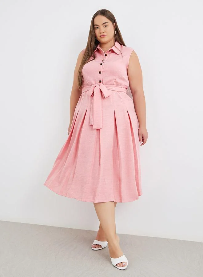 Styli Styli Plus Pink Midi Dress with Tie Belt