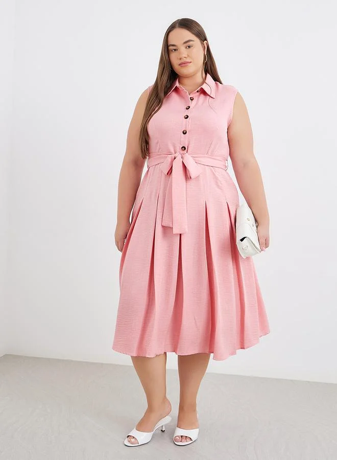 Styli Styli Plus Pink Midi Dress with Tie Belt