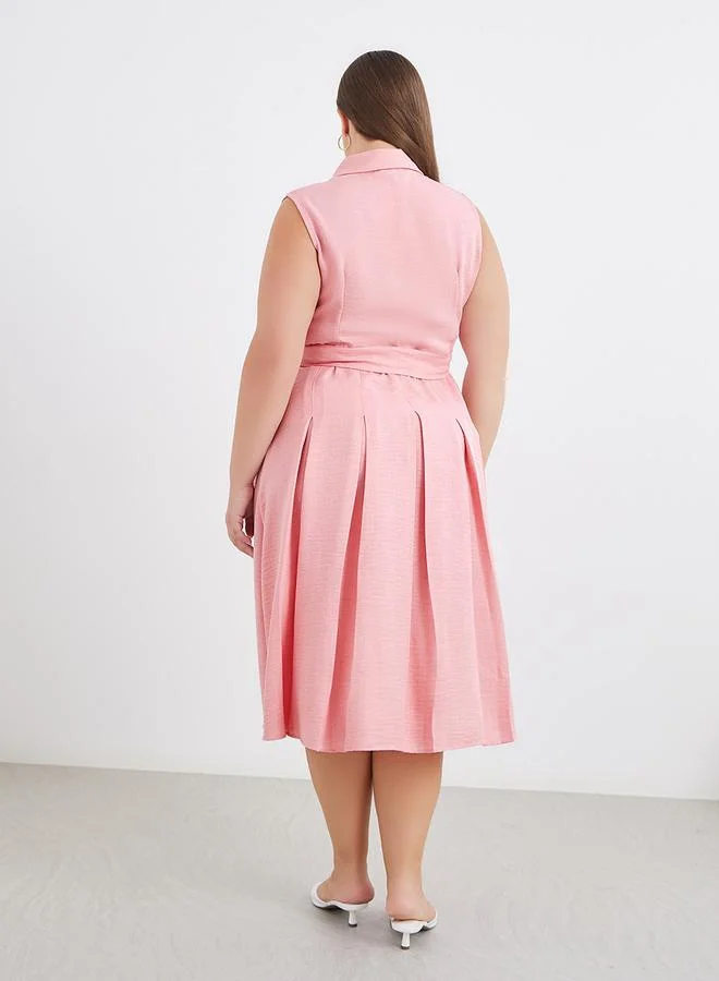 Styli Styli Plus Pink Midi Dress with Tie Belt