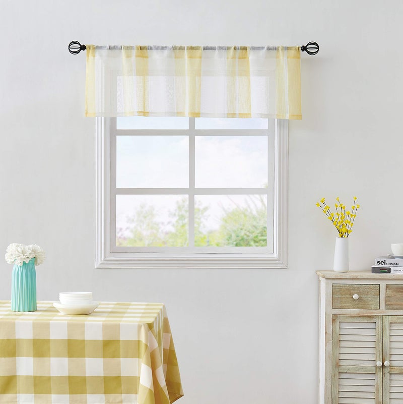 Central Park Yellow and White Kitchen Window Curtain Valance Stripe Sheer Boucle Linen Window Curtain Living Room Decorative Rod Pocket 54 W x 15 L Rustic Living Panels