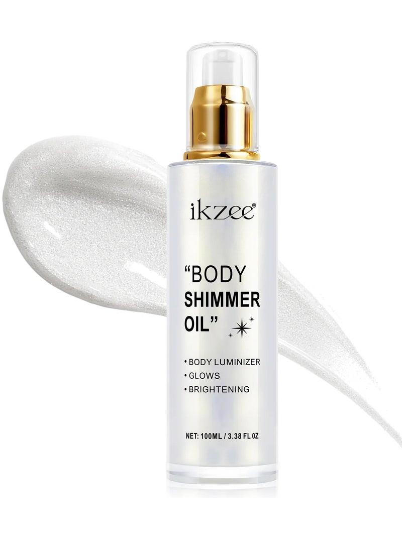 IKZEE Silver Body Shimmer Oil 100ml Body Shimmer Lotion Glow Oil Body Luminizer Oil Glow Lotion for Brightening Body Long Lasting Shimmering Body Oil for Body & Face No.01 - Image 1