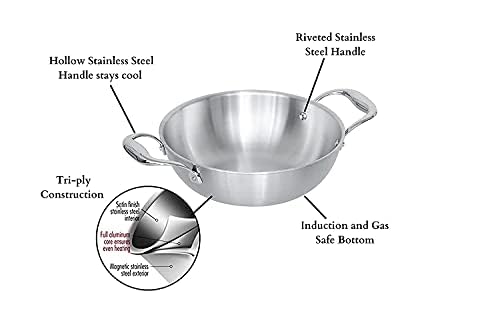 Femora Triply Stainless Steel Kadhai with Handle |Flat Bonded Tri-Ply Bottom | 22 cm | Silver | Zero Coating | Health Safe | Pack of 1 - Image 3