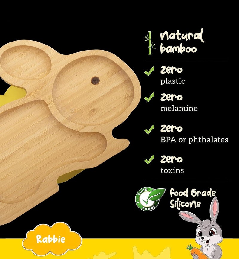 StarKiddo Star Kiddo ® ‘Cute Bamboo Rabbie Suction Plate’ Baby-Led Weaning | 3 Sections | Non-Toxic |Eco-Friendly | Super Strong Suction - Natural Bamboo BPA Free Baby Plate (Yellow) - Image 3