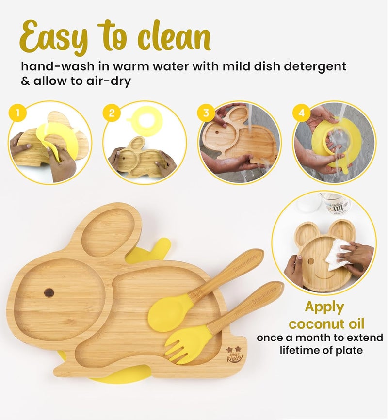 StarKiddo Star Kiddo ® ‘Cute Bamboo Rabbie Suction Plate’ Baby-Led Weaning | 3 Sections | Non-Toxic |Eco-Friendly | Super Strong Suction - Natural Bamboo BPA Free Baby Plate (Yellow) - Image 5