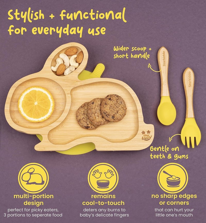StarKiddo Star Kiddo ® ‘Cute Bamboo Rabbie Suction Plate’ Baby-Led Weaning | 3 Sections | Non-Toxic |Eco-Friendly | Super Strong Suction - Natural Bamboo BPA Free Baby Plate (Yellow) - Image 4