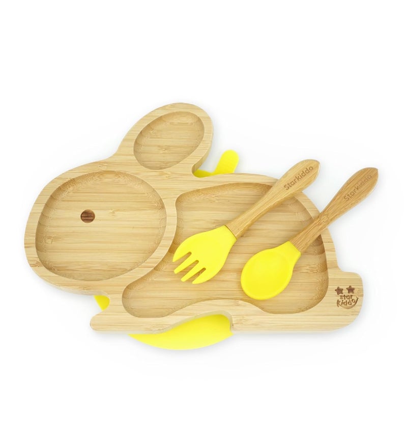 StarKiddo Star Kiddo ® ‘Cute Bamboo Rabbie Suction Plate’ Baby-Led Weaning | 3 Sections | Non-Toxic |Eco-Friendly | Super Strong Suction - Natural Bamboo BPA Free Baby Plate (Yellow) - Image 1
