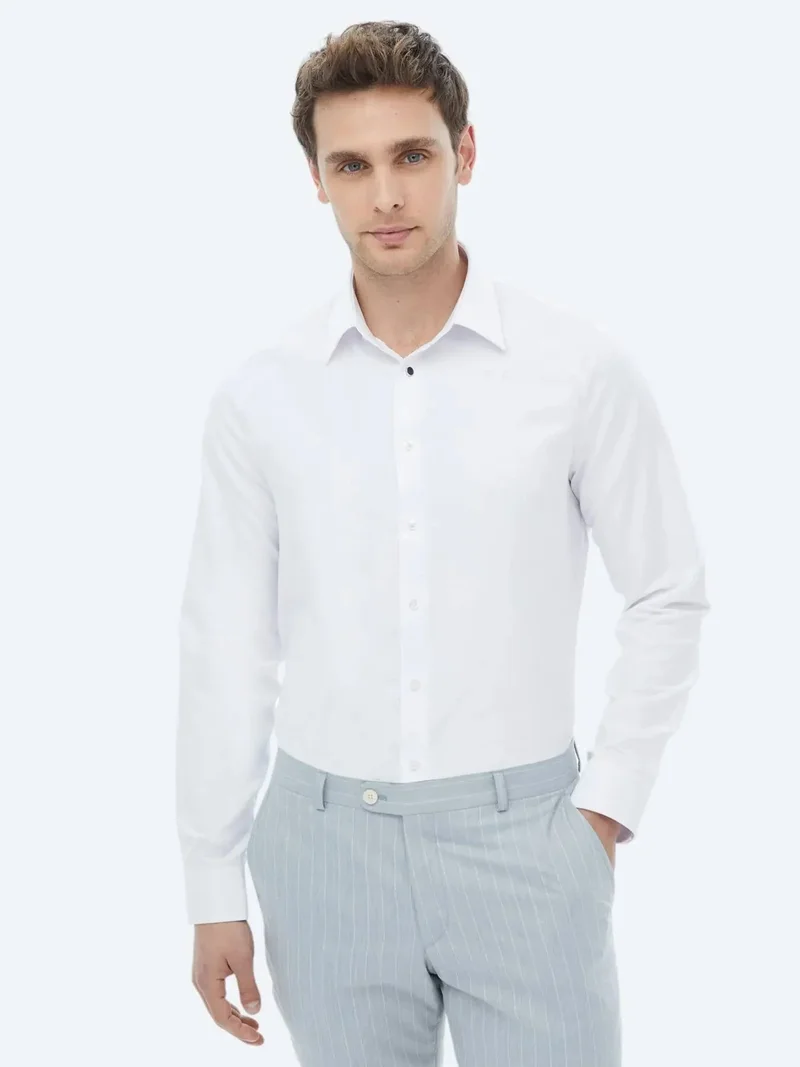 Kip White Regular Fit Weaving Classical Cotton Blended Shirt