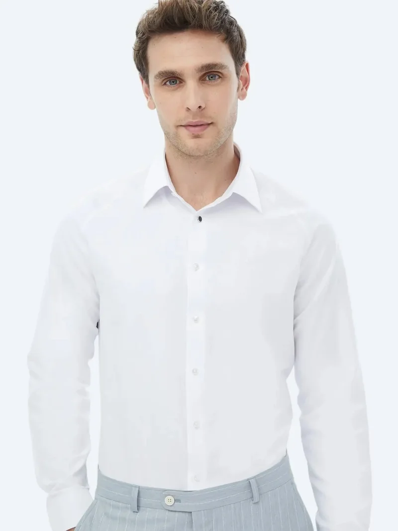 Kip White Regular Fit Weaving Classical Cotton Blended Shirt