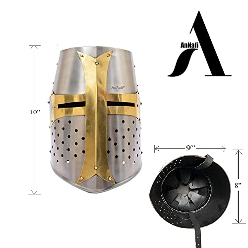 AnNafi® Brass Crusader Helmet | Medieval Metal Knight Helmets | PREMIUM QUALITY with Fitted LEATHER LINER | Dark Crusades Helmet Wearable for Adult | Medieval Costumes - Image 4