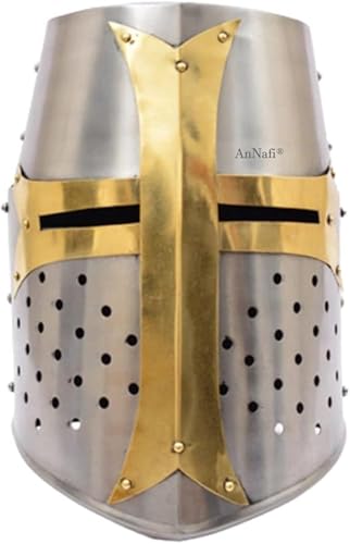 AnNafi® Brass Crusader Helmet | Medieval Metal Knight Helmets | PREMIUM QUALITY with Fitted LEATHER LINER | Dark Crusades Helmet Wearable for Adult | Medieval Costumes - Image 1