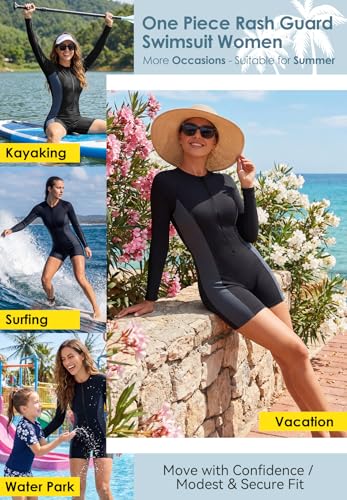 Zando Black Grey UPF 50 Long Sleeve Boy Shorts One Piece Swimsuit for Women Front Zip Full Coverage Rash Guard for Swimming Surfing Paddle Boarding Large - Image 3