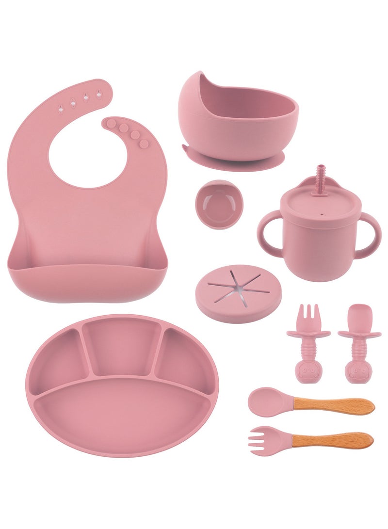 loyal Baby Feeding Set, 9Pcs Silicone Baby Tableware Set with Suction Bowl, Divided Plate, Spoon and Fork Adjustable Bib Food Grade, Baby Weaning Set - Image 1