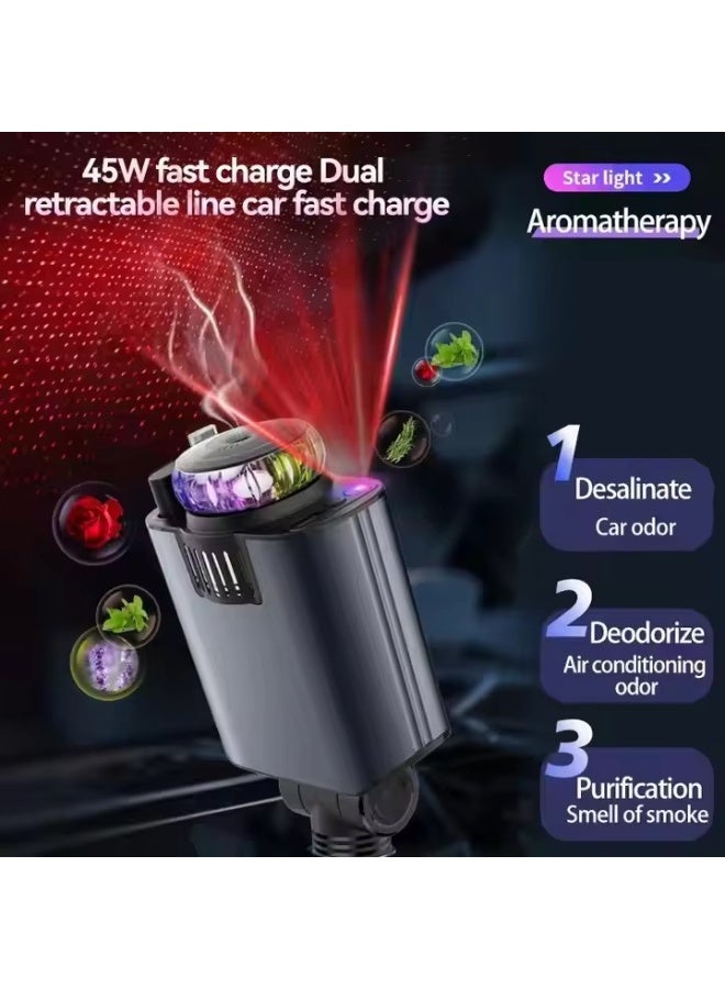 5-in-1 Starlight Car Charger with Dual Retractable Cables - 45W Ultra Fast PD & USB-C Adapter - Built-in Refillable Aromatherapy Diffuser & LED Star Projection Night Light - Universal Compatibility for iPhone & Android (Space Grey) - Image 5
