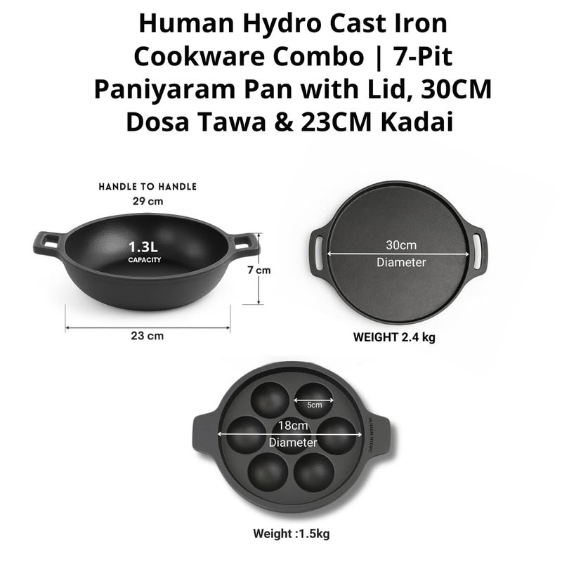 Human Hydro مجموعة أواني الطهي من الحديد الزهر | مقلاة بانيارام بسبع فتحات مع غطاء، 30 سم طاسة دوسا و23 سم كاداي | مُعالجة مسبقًا، غير لاصقة بشكل طبيعي، متوافقة مع الحث والغاز | أواني طهي تقليدية قوية - Image 2