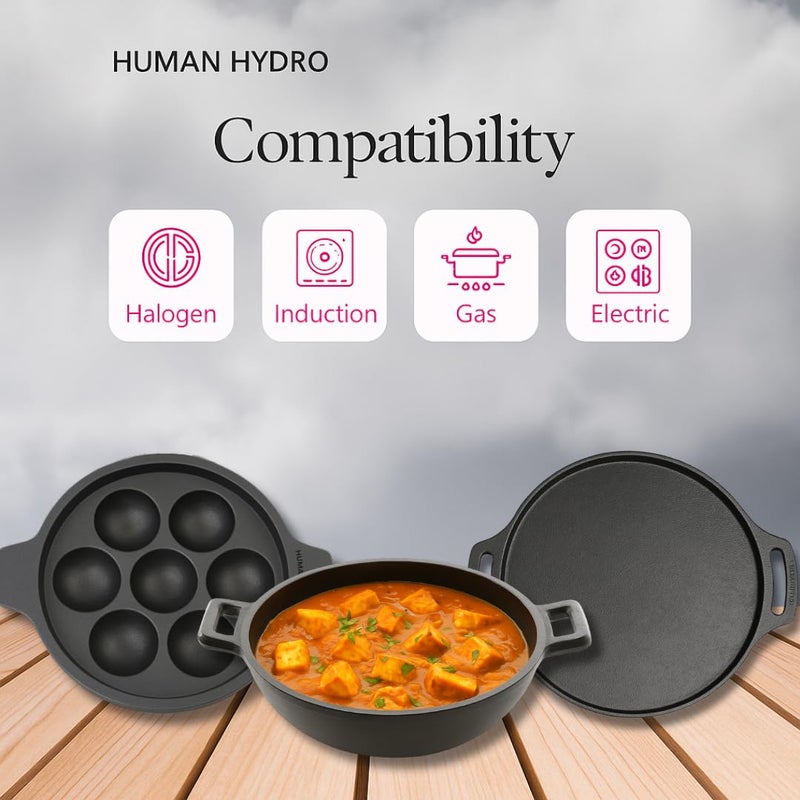 Human Hydro مجموعة أواني الطهي من الحديد الزهر | مقلاة بانيارام بسبع فتحات مع غطاء، 30 سم طاسة دوسا و23 سم كاداي | مُعالجة مسبقًا، غير لاصقة بشكل طبيعي، متوافقة مع الحث والغاز | أواني طهي تقليدية قوية - Image 3
