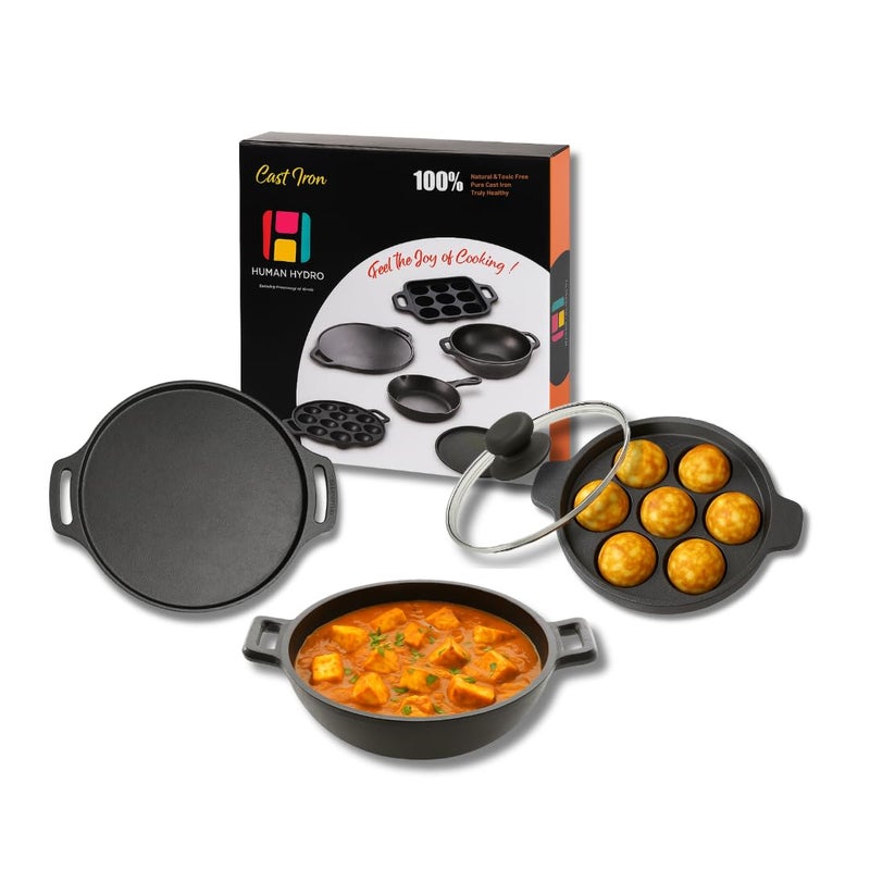 Human Hydro مجموعة أواني الطهي من الحديد الزهر | مقلاة بانيارام بسبع فتحات مع غطاء، 30 سم طاسة دوسا و23 سم كاداي | مُعالجة مسبقًا، غير لاصقة بشكل طبيعي، متوافقة مع الحث والغاز | أواني طهي تقليدية قوية - Image 1