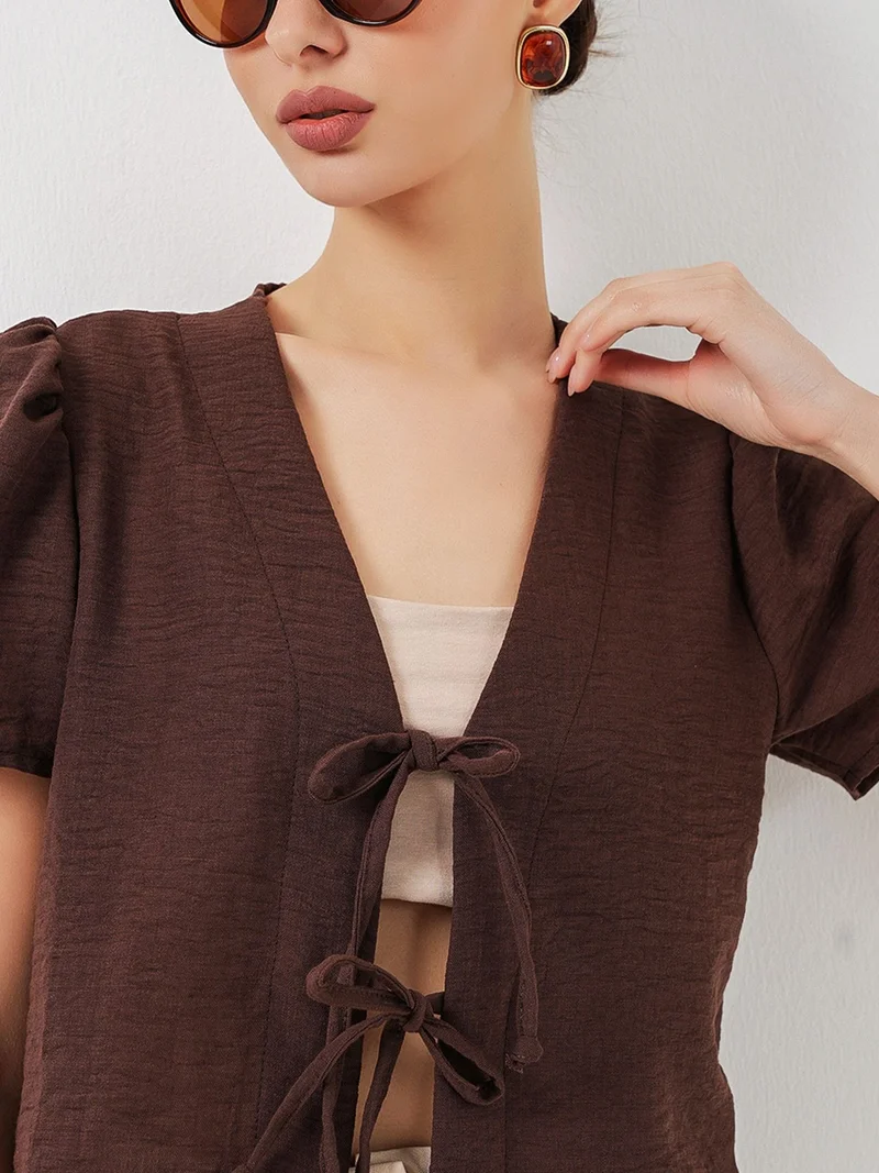 BIG DART BDART Textured V-Neck Linen Blend Crop Top