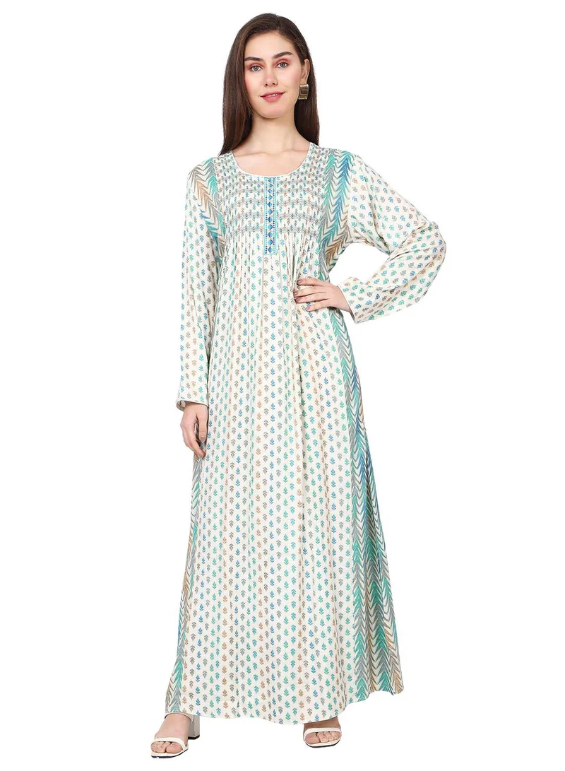 HANA & SARA CASUAL UNIQUE PRINTED DESIGN WITH FRONT EMBROIDERY SMOCKING ARABIC KAFTAN JALABIYA DRESS