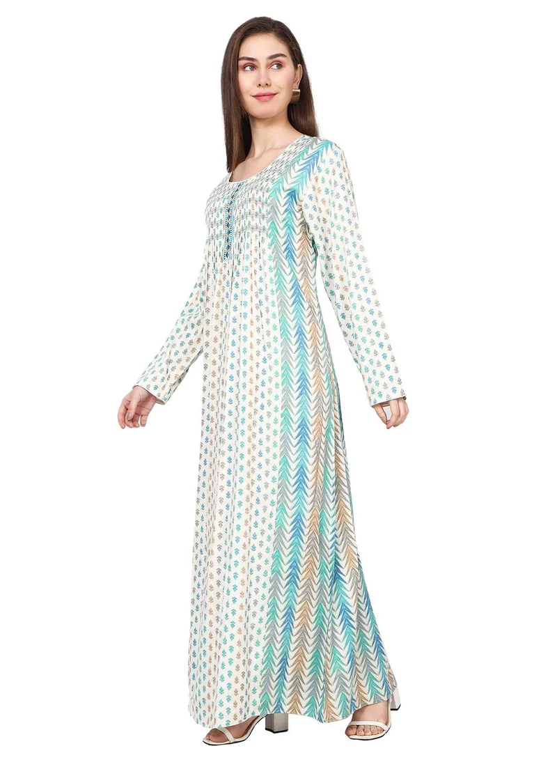 HANA & SARA CASUAL UNIQUE PRINTED DESIGN WITH FRONT EMBROIDERY SMOCKING ARABIC KAFTAN JALABIYA DRESS
