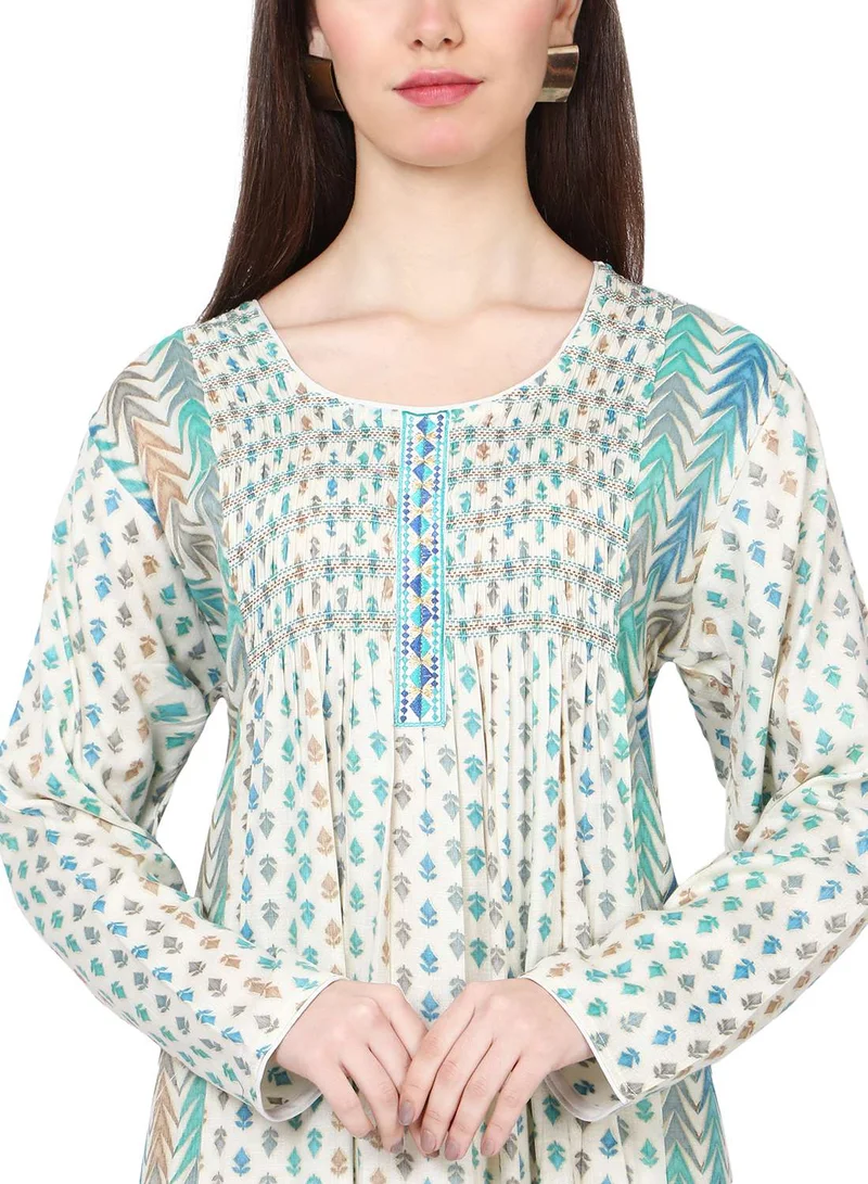 HANA & SARA CASUAL UNIQUE PRINTED DESIGN WITH FRONT EMBROIDERY SMOCKING ARABIC KAFTAN JALABIYA DRESS