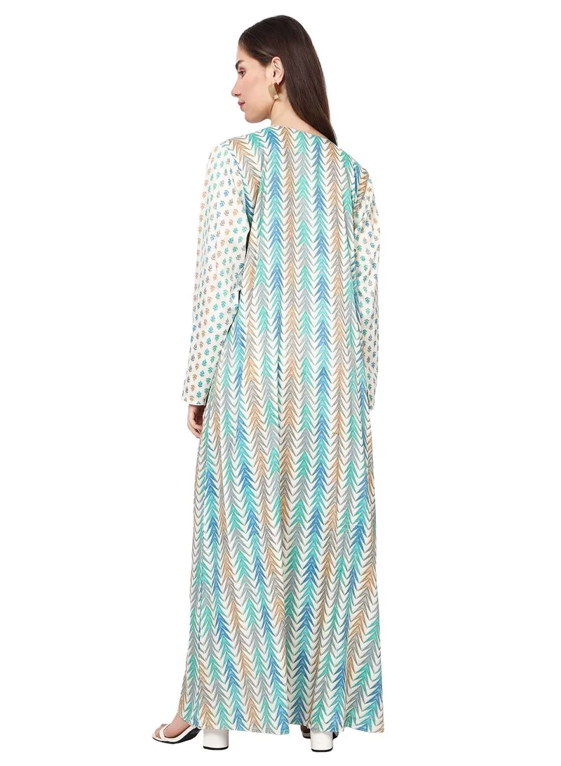 HANA & SARA CASUAL UNIQUE PRINTED DESIGN WITH FRONT EMBROIDERY SMOCKING ARABIC KAFTAN JALABIYA DRESS