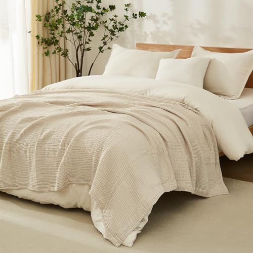 EMME Cotton Blanket King Size for Bed Soft Muslin Blankets 108"x90" Lightweight Breathable Layering Bedspread Coverlet All Season Gauze Blanket, Light Tan - Image 3