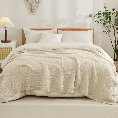 EMME Cotton Blanket King Size for Bed Soft Muslin Blankets 108"x90" Lightweight Breathable Layering Bedspread Coverlet All Season Gauze Blanket, Light Tan - Image 1