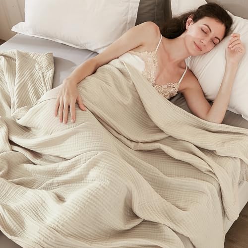 EMME Cotton Blanket King Size for Bed Soft Muslin Blankets 108"x90" Lightweight Breathable Layering Bedspread Coverlet All Season Gauze Blanket, Light Tan - Image 2