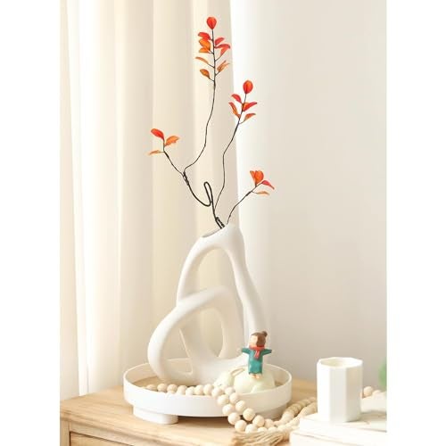 STHIE Modern White Ceramic Flower Vases for Home Decor Aesthetic, Boho Decorative Vase for Bouquet Pampas Grass, Living Room Bedroom Kitchen Maximalist Decor (White) - Image 2