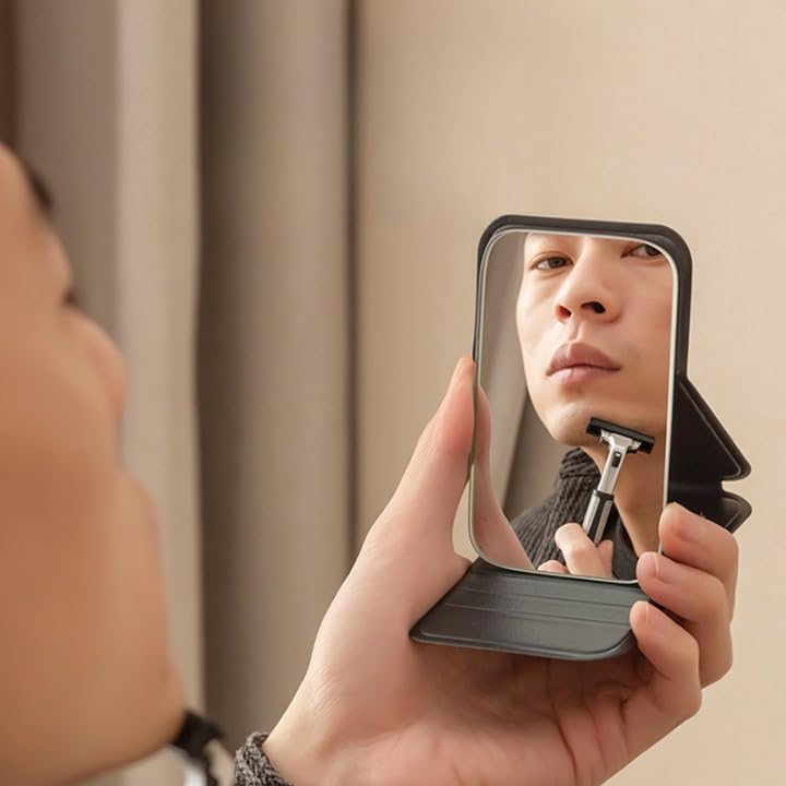 Eletree Foldable Travel Mirror, Portable Pocket Makeup Mirror with Stand, Compact Handheld Vanity Mirror for Purse, Desk & Travel Use (7x11cm) (Black) - Image 3