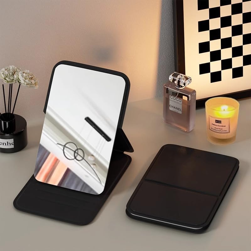 Eletree Foldable Travel Mirror, Portable Pocket Makeup Mirror with Stand, Compact Handheld Vanity Mirror for Purse, Desk & Travel Use (7x11cm) (Black) - Image 1