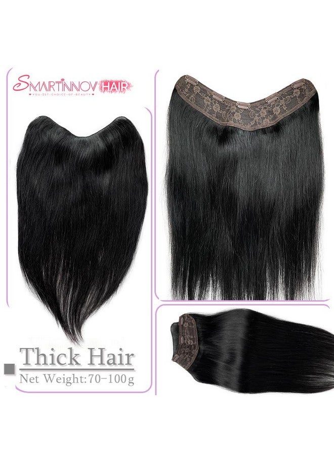 Smartinnov Clip In Hair Extensions Real Human Hair Jet Black 3/4 Full Head Clip Hair With 5 Secure Clips 16Inch One Piece V Shape Hairpiece Clip On Hair Extensions 80G For Women With Thinning Hair - Image 1